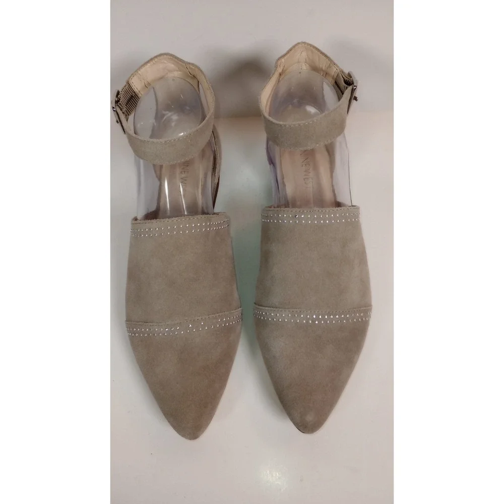 Nine West Taupe Suede Studded Slingback Heels Pointed Toe Low Block Heel 8M